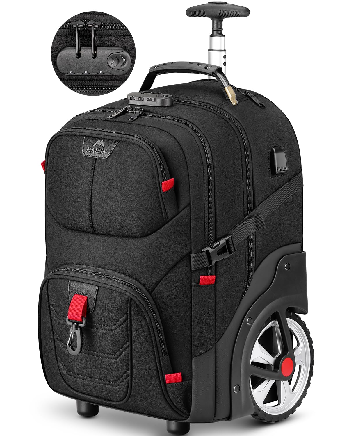 MATEIN Rolling Bag with Wheels 17 Inch Extra Large Laptop Roller Backpack for Adults with Anti Theft Lock