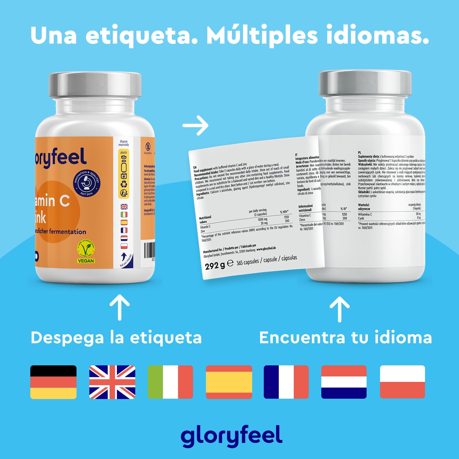 Vitamina C + Zinc - 365 Cápsulas - 1000mg Vitamina C + 20mg Zinc - Apoya el sistema inmunológico y reduce la fatiga - Con Protección gástrica y pH neutro -100% vegano