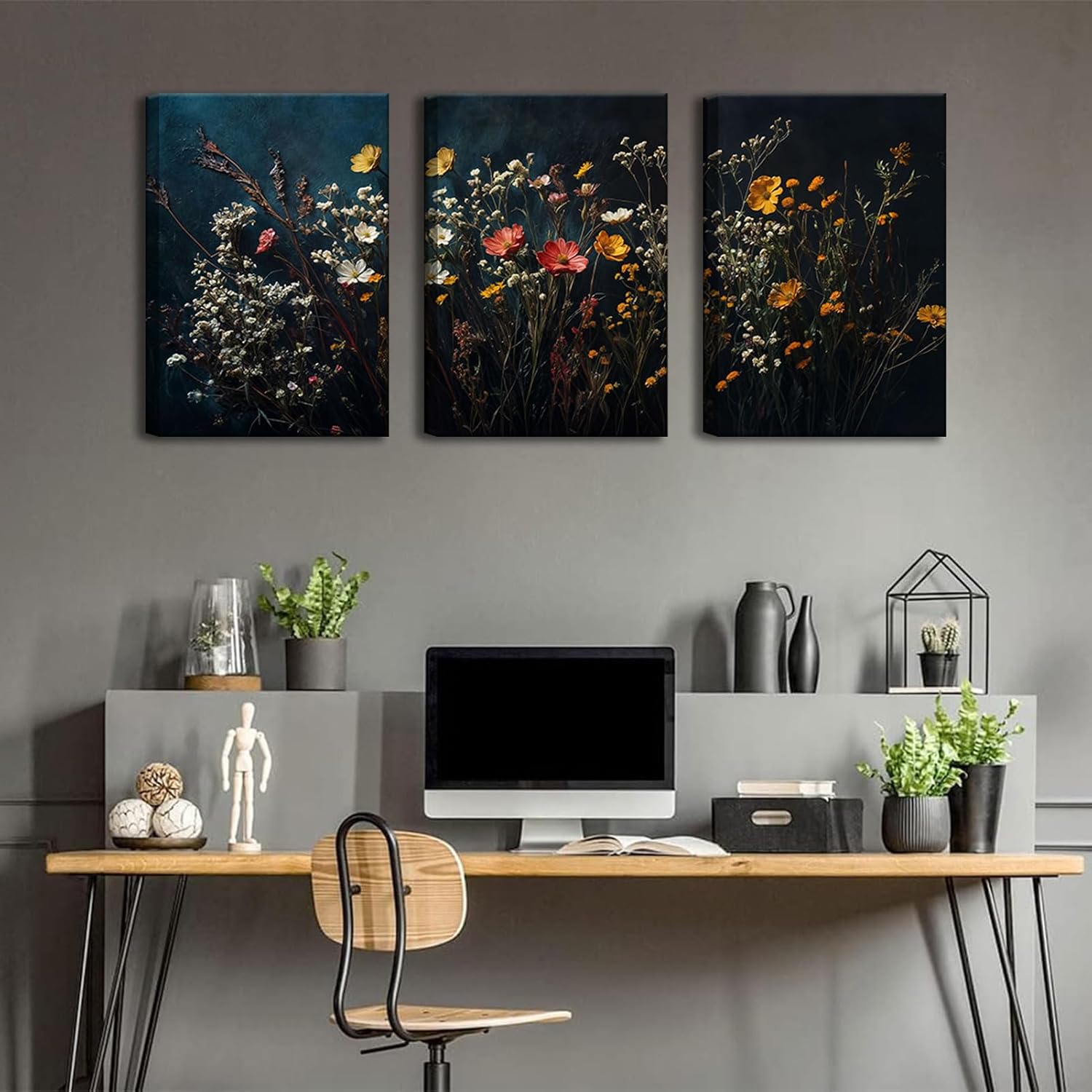 3Pcs Dark Dried Wildflowers Canvas Wall Art Moody Floral Wall decor prints Vintage Black Botanical painting pictures Aesthetic Flower Artwork for Living Room Bathroom Bedroom Decoration,12x16in