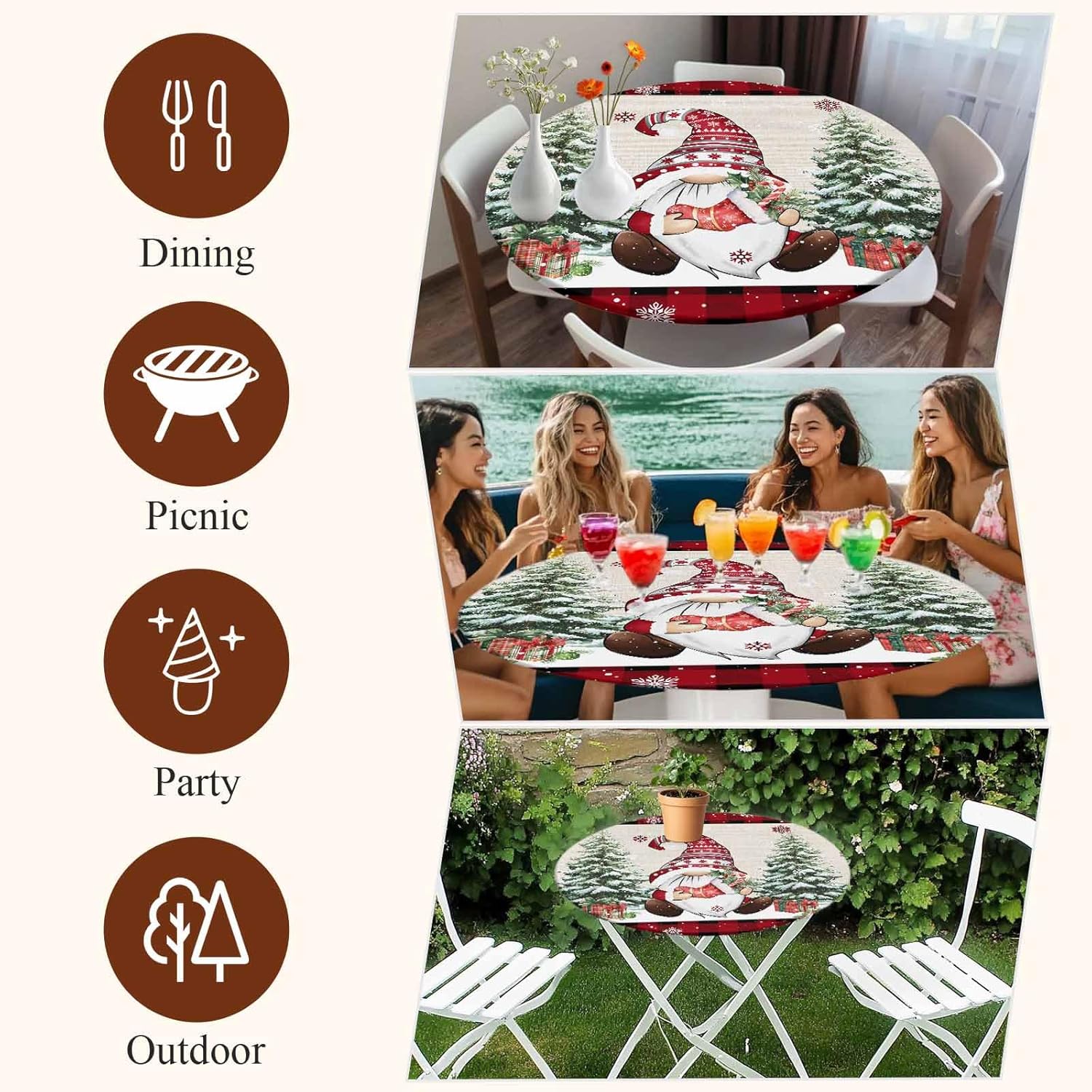 Christmas Round Tablecloth Fitted Table Cover, Elastic Tablecloths Waterproof Outdoor Indoor Stretch Cloth Tablecover for Dinner, Party, Shower, Gnomes Pine Tree Buffalo Lattice 55-60IN
