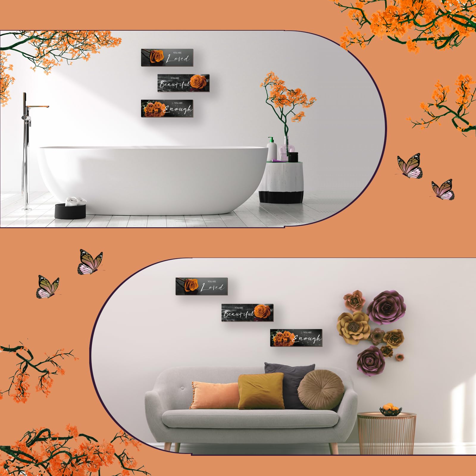3 piezas de decoración de pared naranja inspiradoras rosas naranjas decoración de baño, arte de pared de madera, citas positivas You Are Loved You Are Enough para niñas y mujeres oficina 7