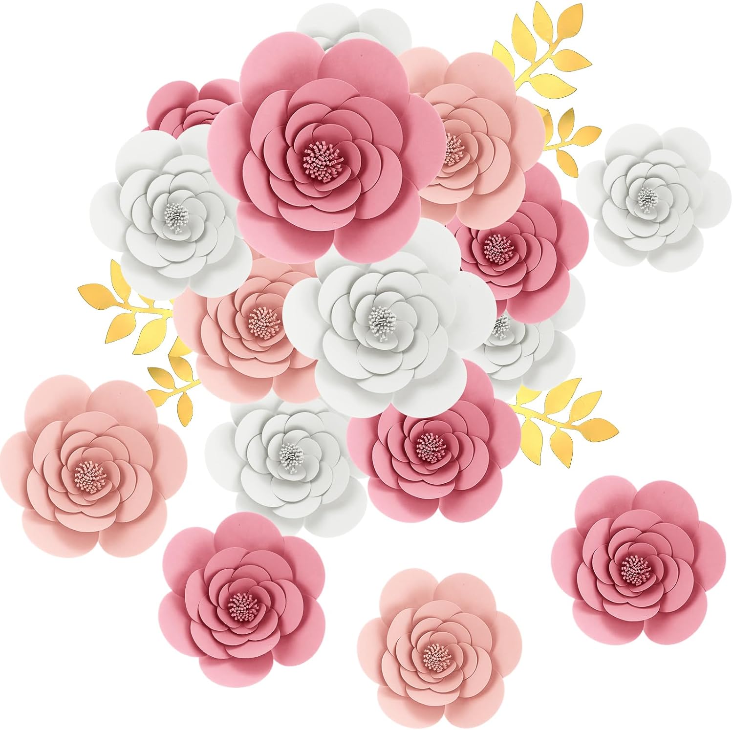 24 Pcs Large 3D Paper Flowers Decorations for Wall Bulletin Board Artificial Craft Roses with Leaves Halloween Mexican Festive Decor Backdrop DIY Handmade Craft Wedding Decor (Gold)