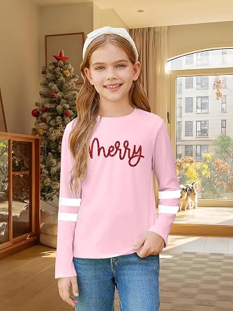 Christmas Shirts for Kids Gril Boy Merry Christmas Long Sleeve Shirt Xmas Ugly Tree Printed Strip Tee Top 5-14 Years