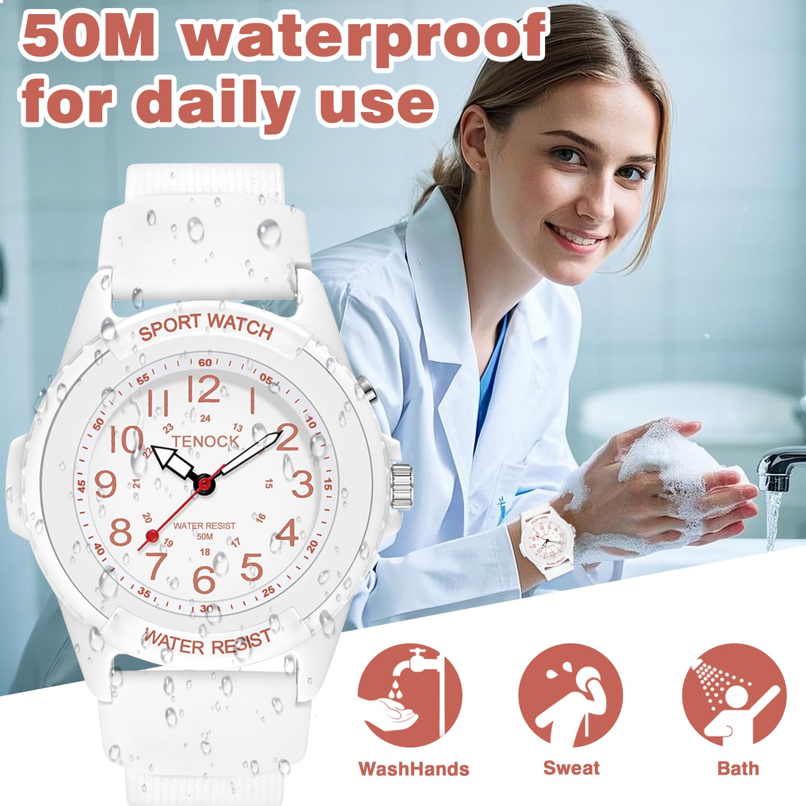 Waterproof Nurse Watch for Medical Professionals Students Women Men, Night Light, 12/24 Hour Military Time Easy to Read Dial, Second Hand Watch for Nursing Day Gifts