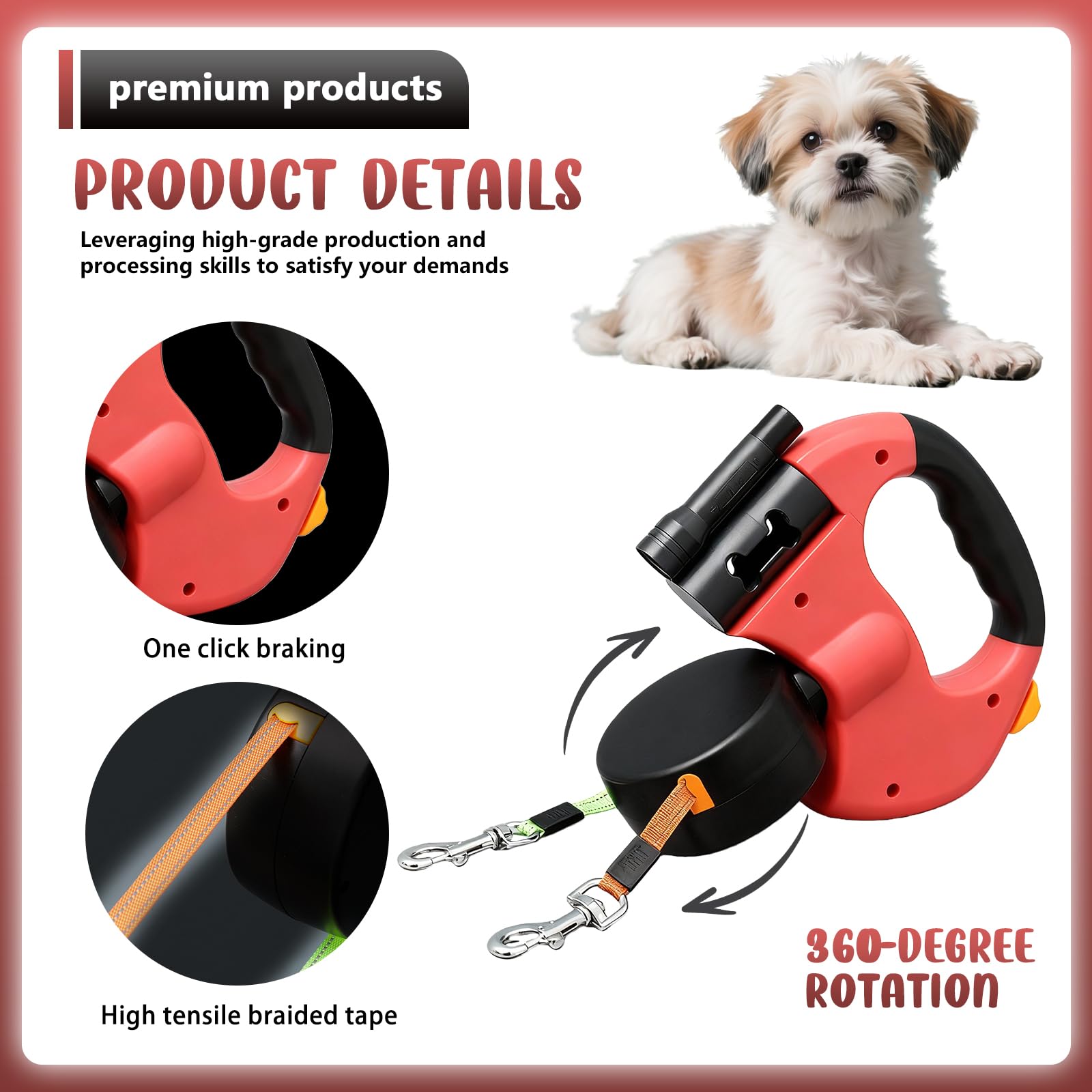 BAIFULAI Guinzaglio retrattile per 2 cani, 3 m, doppio guinzaglio per 2 cani con luce, impugnatura antiscivolo, allungabile, guinzaglio per cani di piccola e media taglia (rosso)
