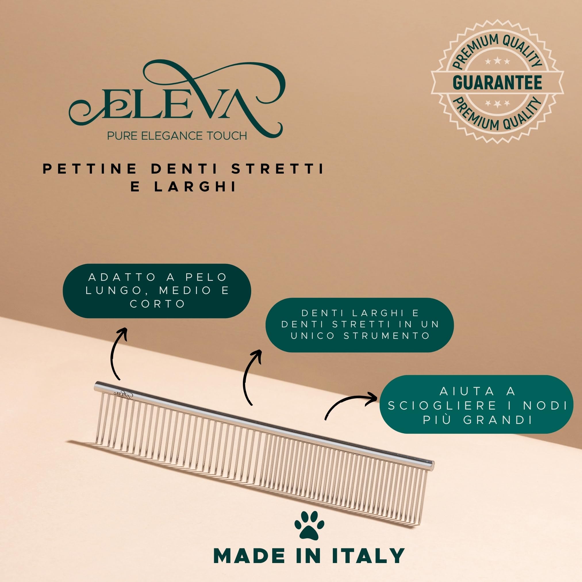 ELEVA PET - Pettine per Cani in Acciaio - Denti Larghi e Stretti - Toelettatura Professionale - Rimuove Nodi e Residui - Ideale per Pelo Lungo e Corto - Mantiene il Manto Pulito e Sano - Made in Italy