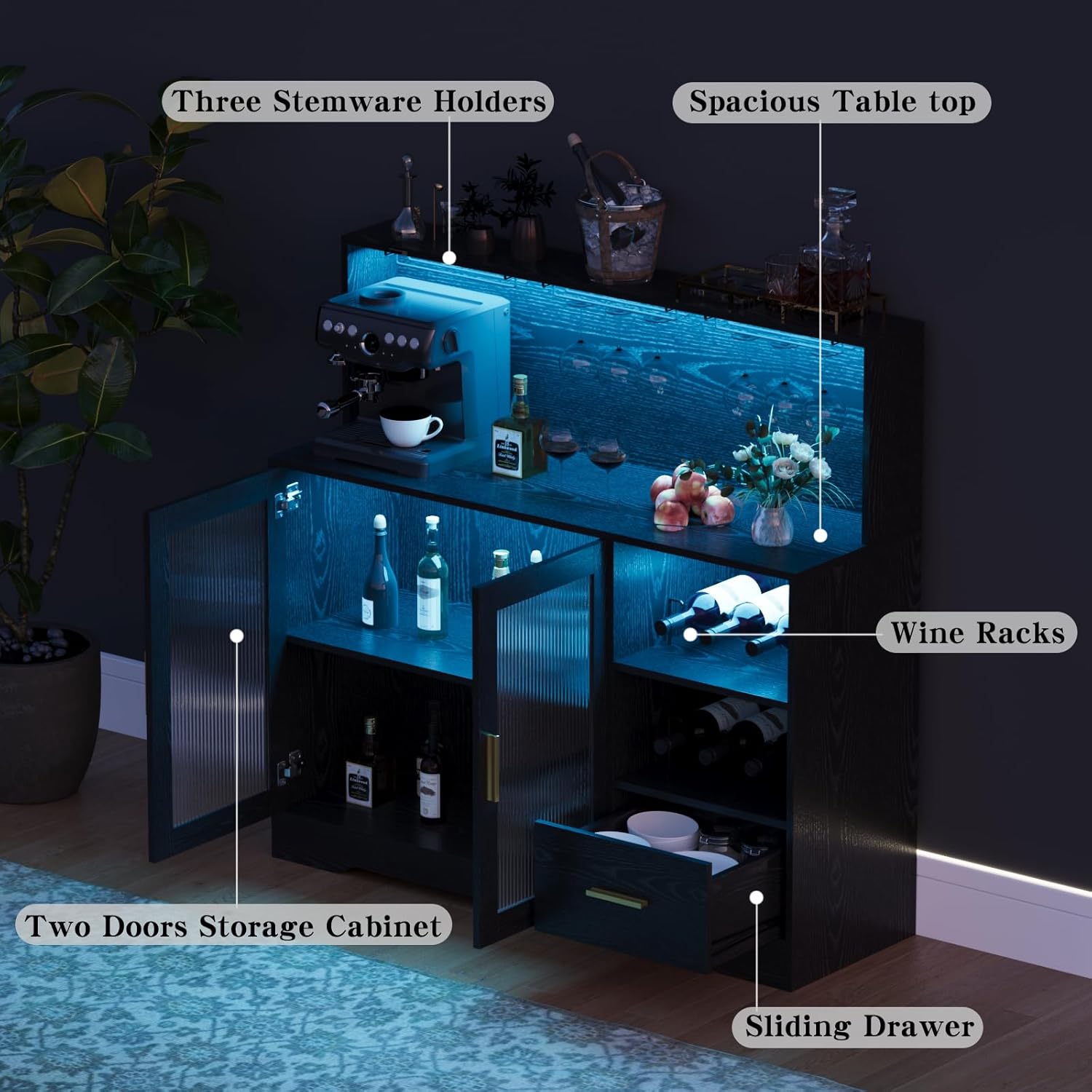 Bar Cabinets for Home with LED Light & Storage Drawer & Glass Holder & Wine Rack & Power Outlet & Door & Shelves for Living Room Kitchen Modern Black