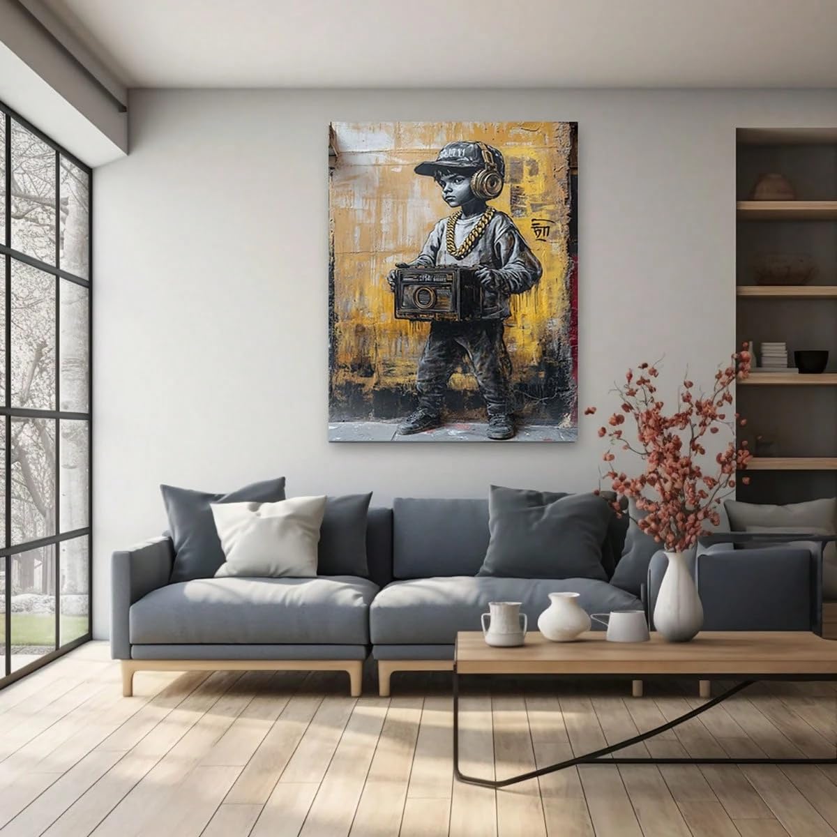 AIHNBF Graffiti Stampa su tela per ragazzo con boombox Street Art Urban Hip Hop Decorazione da parete Retro Musica Opera d'arte Giallo Nero Immagine moderna per soggiorno studio musicale adolescente