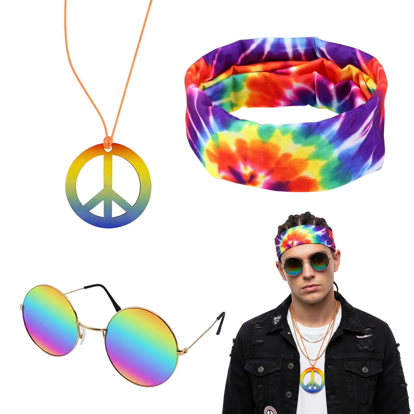 Gubilacrum 3 Pcs 70s Fancy Dress Accessories with Colourful Bandana, Sunglasses and Necklace, Retro Disco Costume Accessories Set for Men Women, Hippie Themed Party Wear 60s 70s Outfit