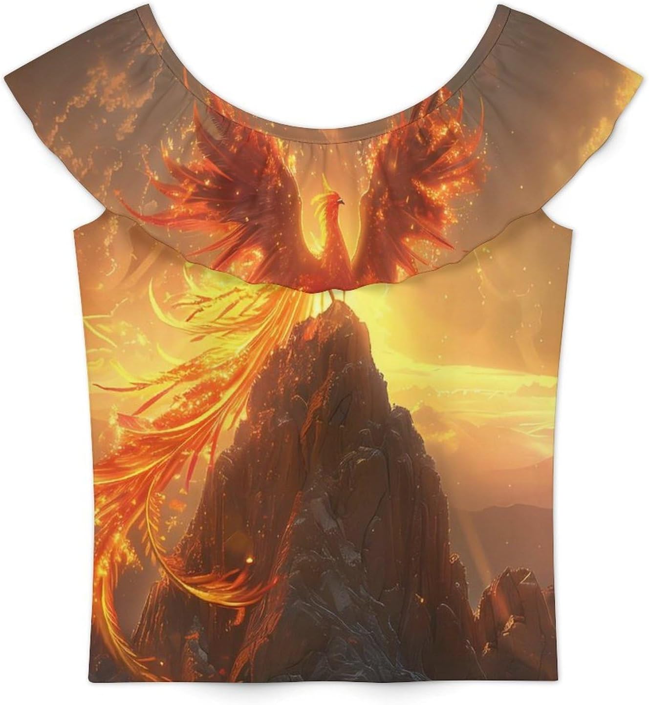Phoenixes Bird with Flames Girls T-Shirts Top Ruffle Short Sleeve Blouse Casual Graphic Tees