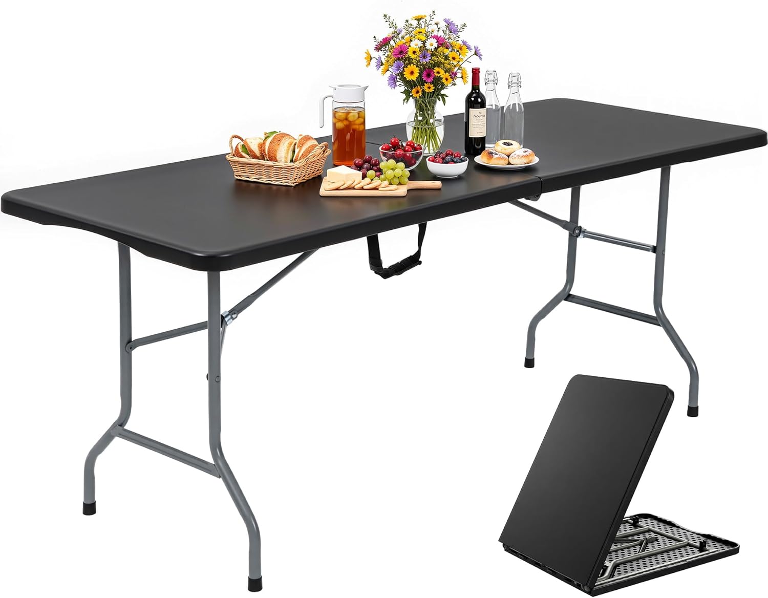 YITAHOME Folding Tables Heavy Duty Folding Table 6ft with Carrying Handle Plastic Fold up Table for Outdoor Camping Picnic Parties/Indoor Events All in Black
