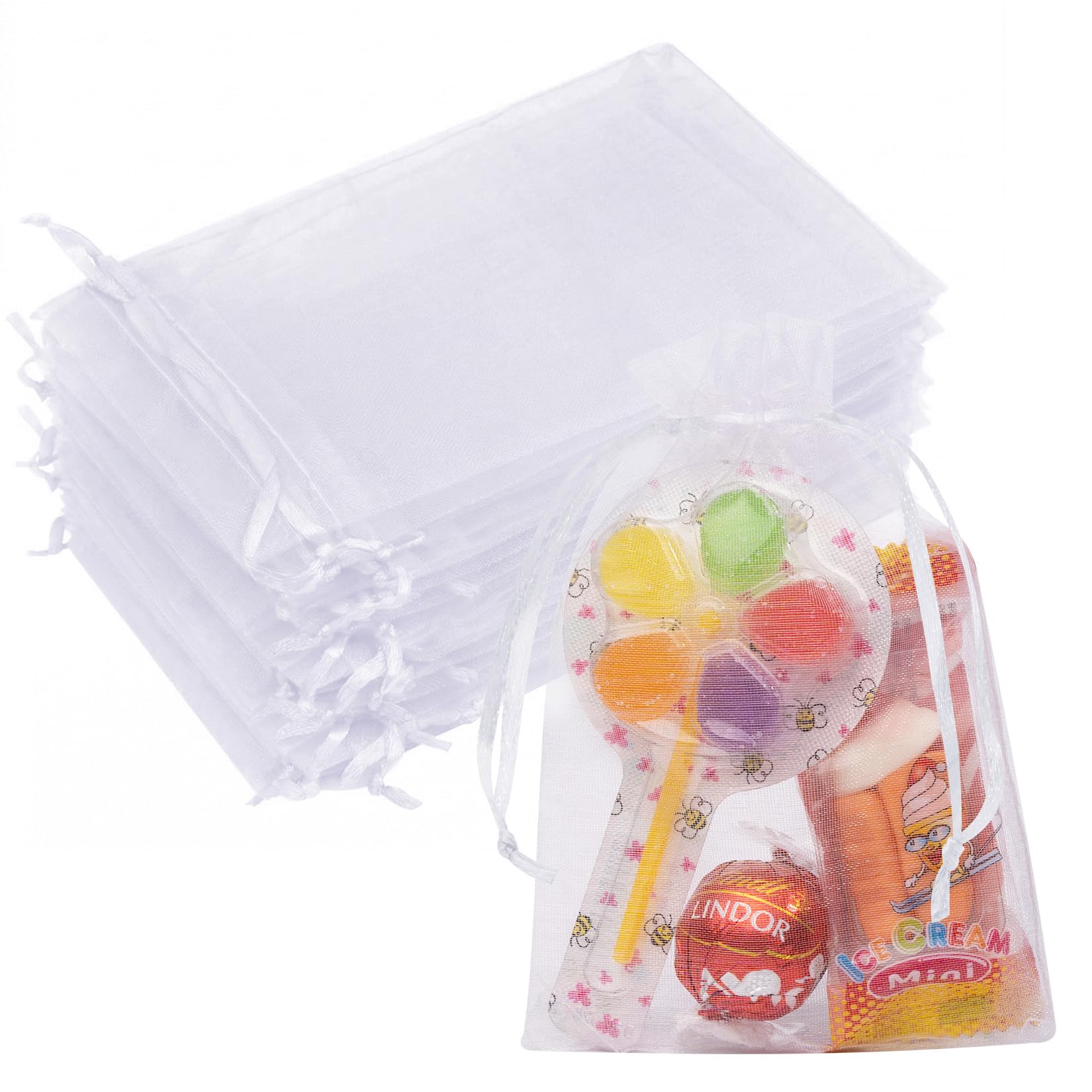 50PCS White Organza Bags 4x6, Small Gift Bags Mini Cute Mesh Bag Drawstring Pouches Clear Goodie Baggies for Jewelry Candy Sachet Wedding Birthday Baby Shower Party Favors Halloween Christmas