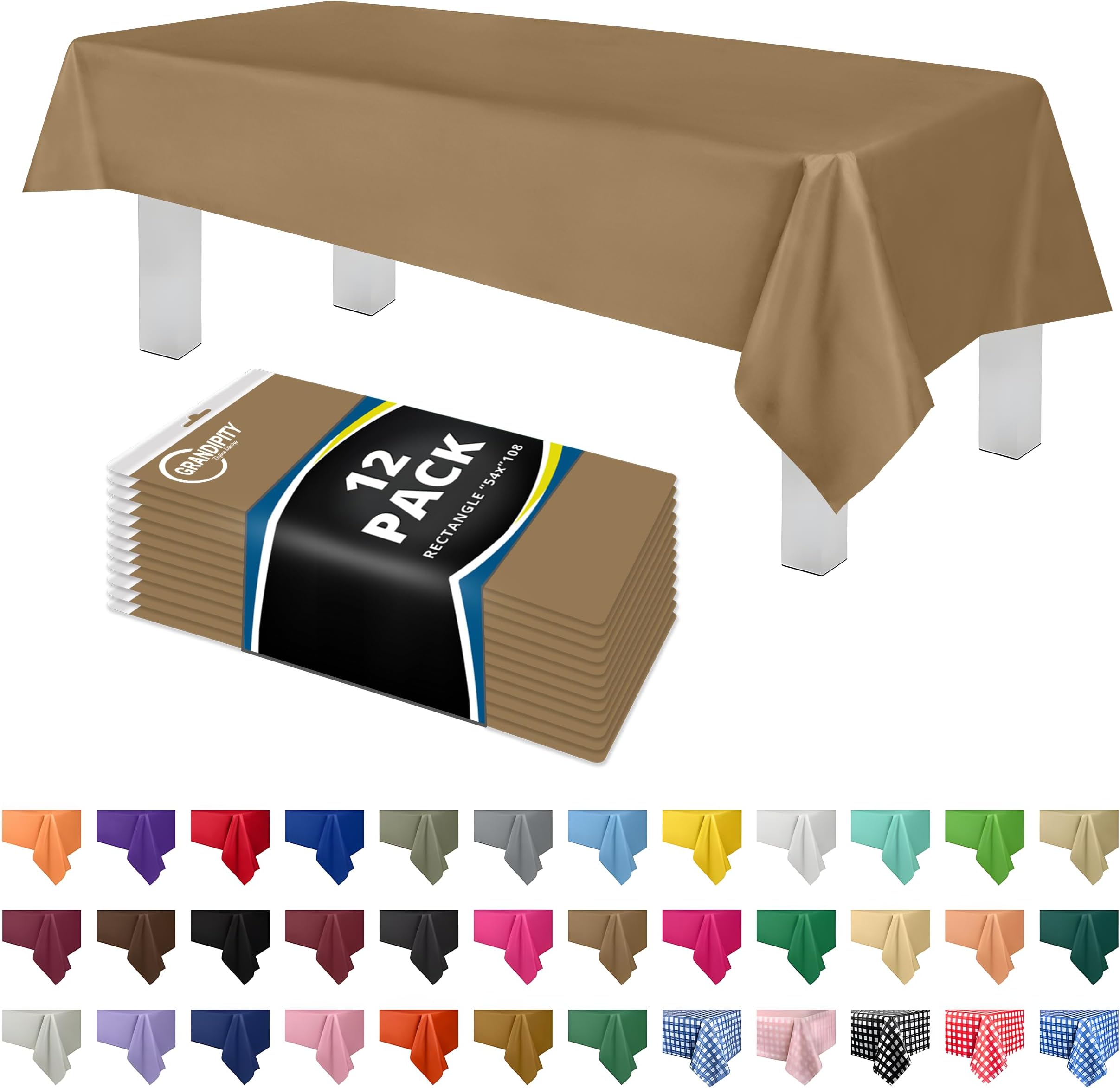 12 Pack Premium Disposable Plastic Tablecloth 54 Inch. x 108 Inch. Decorative Rectangle Table Cover - Gold