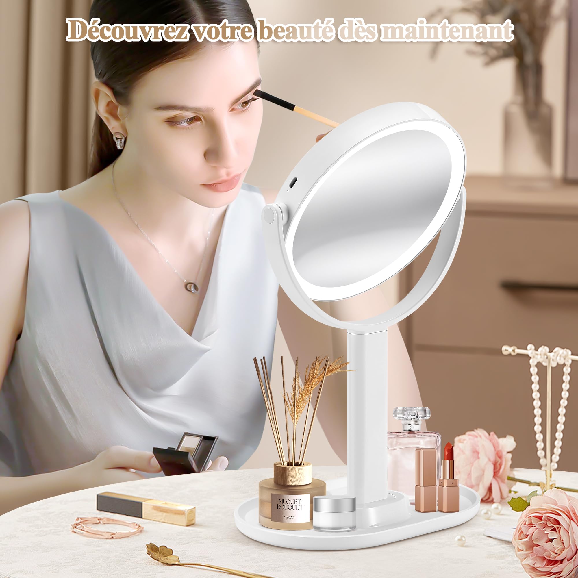 MOMOKUBA Miroir Grossissant Lumineux X 20, Miroir Grossissant sur Pied 8", miroirs Maquillage Lumineux sur Pied Double Face 3 Couleurs 64 LED, Rechargeable Rotation 360°