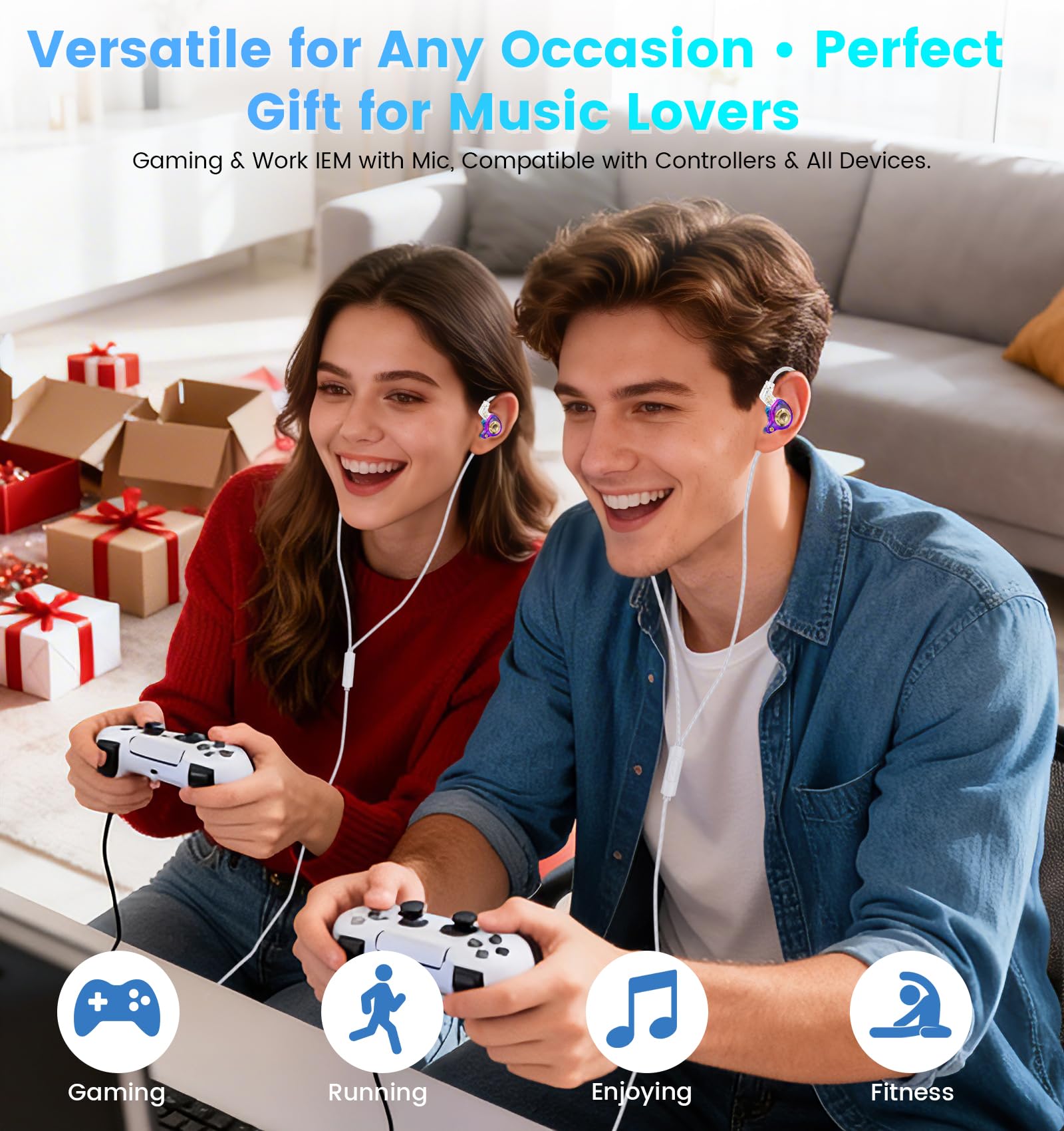 Auriculares para juegos con cable con micrófono, controlador dinámico de 11 mm, monitores intraurales, interruptor de afinación ajustable de 3 vías, cable desmontable, auriculares IEM, auriculares con