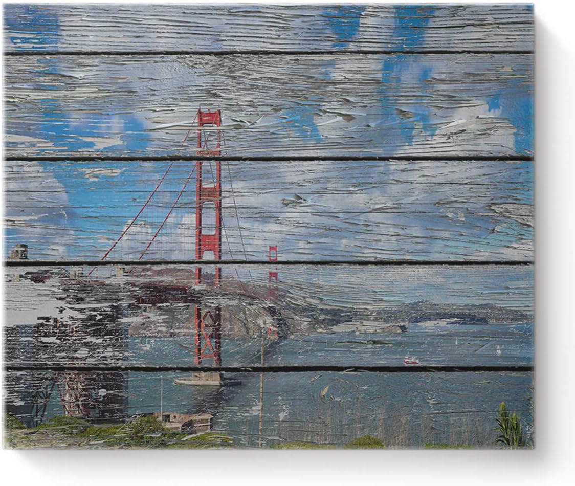 Amazon｜BABE MAPS ウォールアート 水彩画 木目 ゴールデンゲートブリッジ 枠張りフレーム入り コンテンポラリー ピクチャー