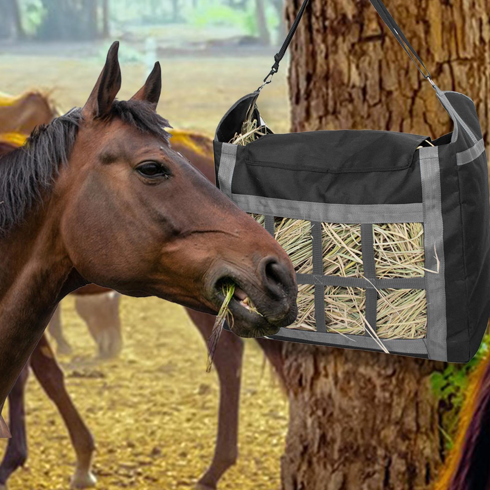 Bolsa de heno para caballos, alimentador lento para caballos, cabras y vacas, red de alimentación duradera para establos, corrales y graneros, ideal para uso en granja, evita residuos, fácil de llenar