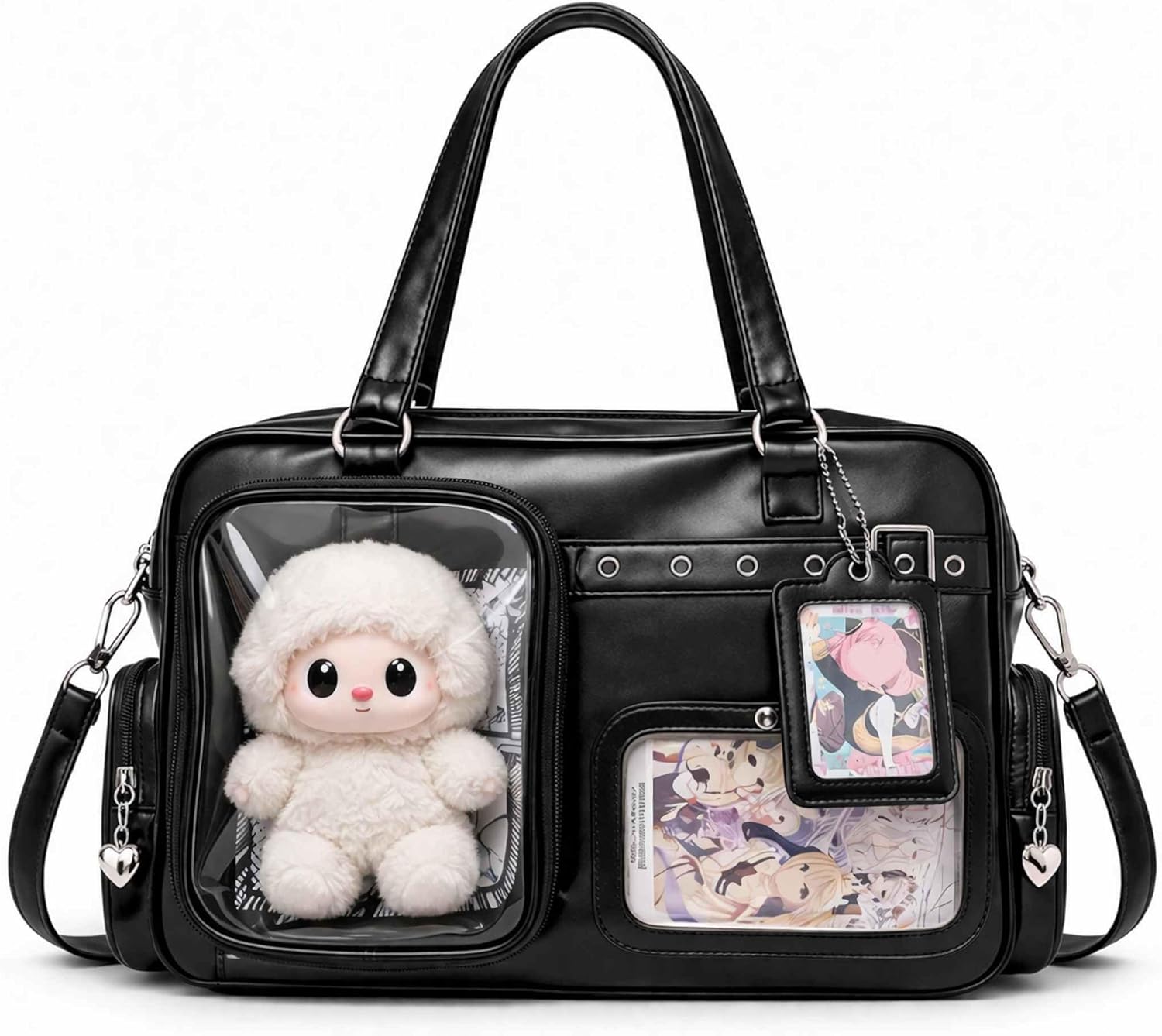 Black Ita Bag Crossbody, Japanese School Messenger Bag, Pin Display Bag, Cute Messenger Shoulder Bag for Women, Kawaii Tote Bag, Emo Grunge Gothic Bag, Large Crossbody Messenger Bag for School