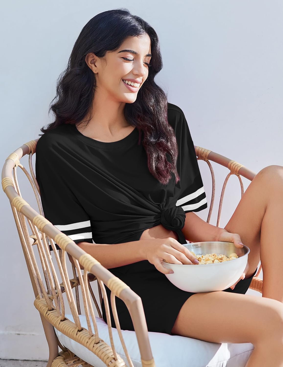 Ekouaer Womens Pajamas 2 Piece Lounge Set Casual Oversized Short Sleeve Tops Biker Shorts Set Comfy Pjs Outfits S-XXL - Image 4