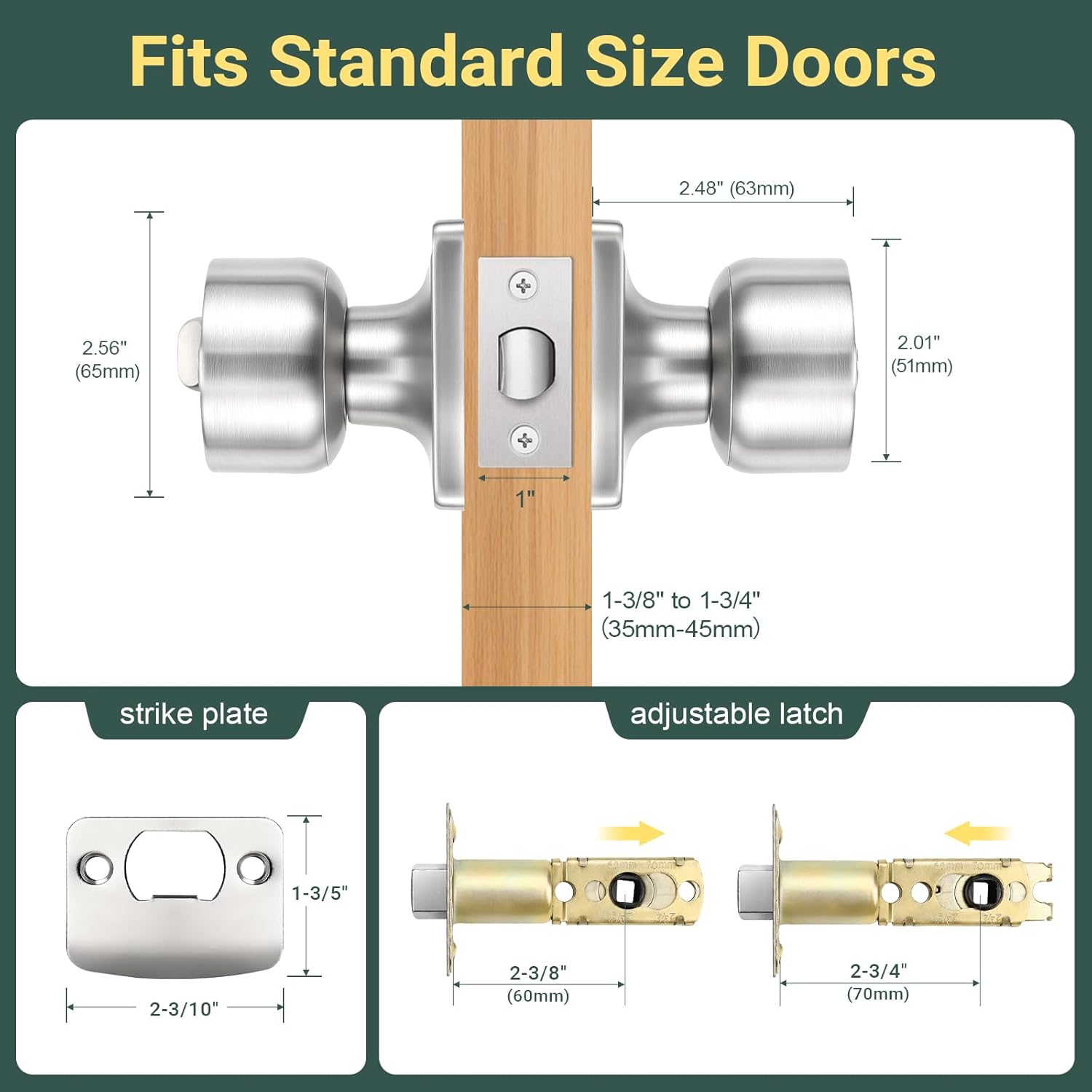 Tulip Privacy Door Knob with Square Backplate, Modern Cylindrical Square Rosette Keyless Lock for Bedroom and Bathroom, Quiet & Easy Install, Satin Nickel, 4 Pack