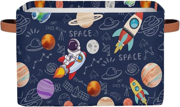 Space Room Decor Kid Storage Basket,Boys Astronaut Planets Toy Organizer Bin,Galaxy Outer Space Collapsible Canvas Cloth Bin for Nursery Bedroom Playroom - 15x11x9.5 in