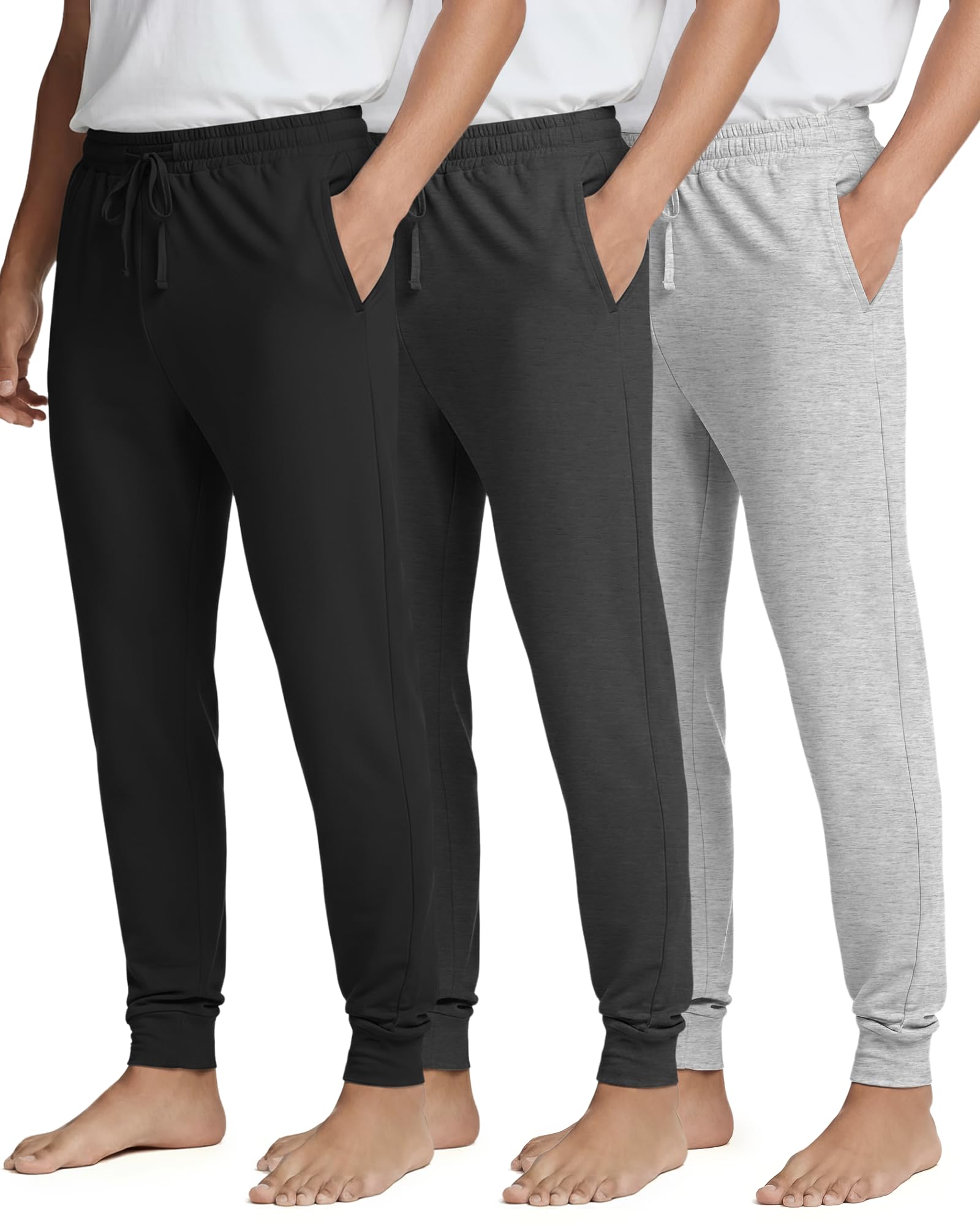 Real Essentials 3 Pack: Men's Soft Lounge Sleep Joggers - Pajama Pants Drawstring & Pockets (Available in Big & Tall)