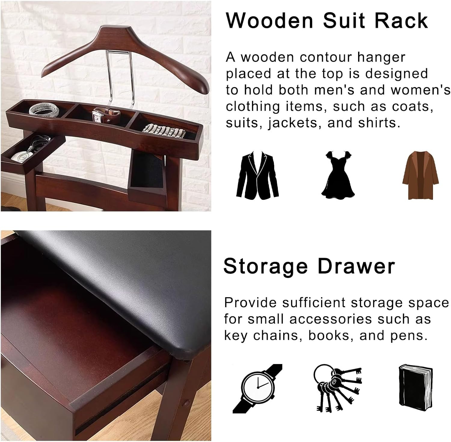 Freestanding Suit Valet Stand with Dusting Brush Clothes Rack with Drawer for Bedroom Entryway Living Room