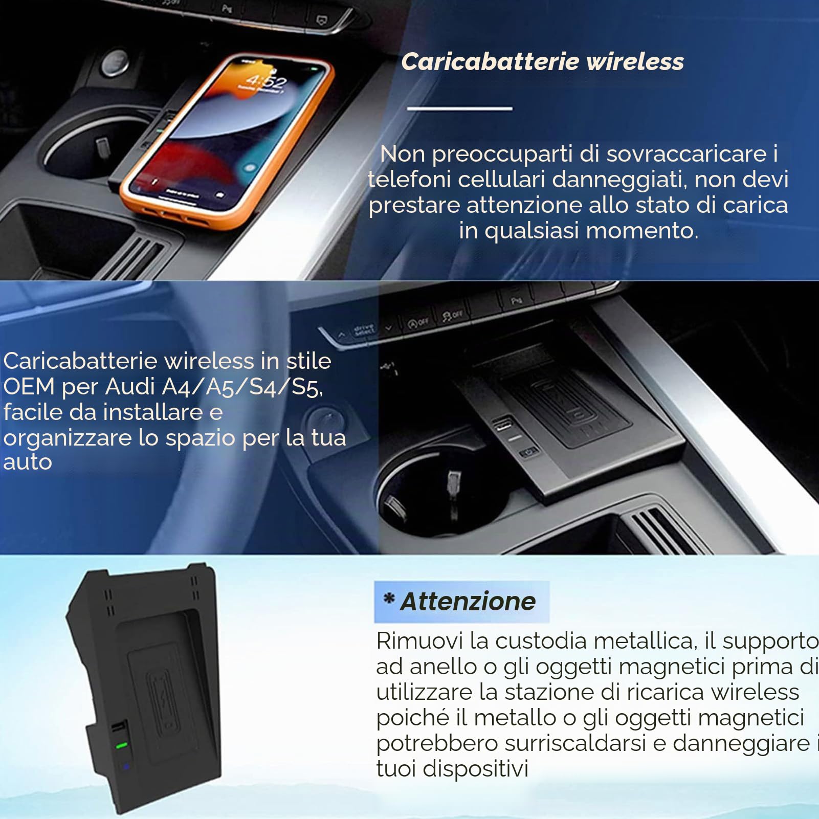 Caricabatterie Wireless Per Auto per Audi A4/A5/S4/S5(2018-2021), Tappetino Di Ricarica Rapida Per Telefono Da 15W per Qualsiasi Telefono Cellulare Abilitato Qi