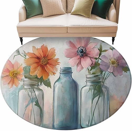 Miniatura 2 de 8ft Round Rug, Watercolor Flowers Non-Skid Rubber Backing Large Area Rugs - Living Room Bedroom Home Office, Retro Rustic Botanical Floral Leaves