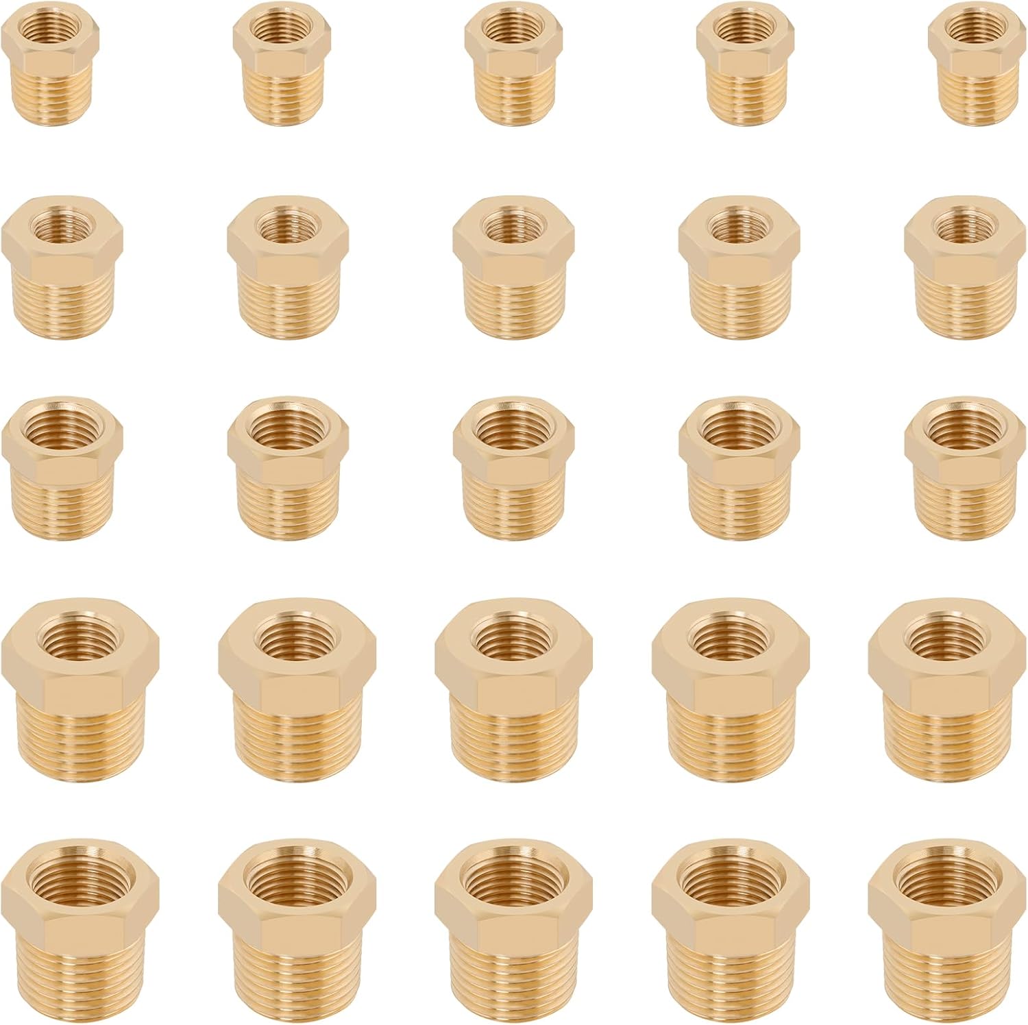 KOOTANS 25PCS Brass Hex Bushing Kit Brass Fittings Assortment 1/4" to 1/8", 3/8" to 1/8", 3/8" to 1/4", 1/2" to 1/4", 1/2" to 3/8" NPT Reducer Pipe Fittings Adapter Fitting