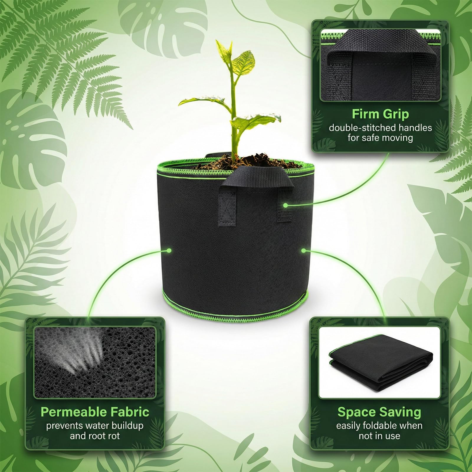 5 Bolsas de Cultivo de Tela No Tejida 20L con Asas, Macetas Reutilizables para Hortalizas y Plantas