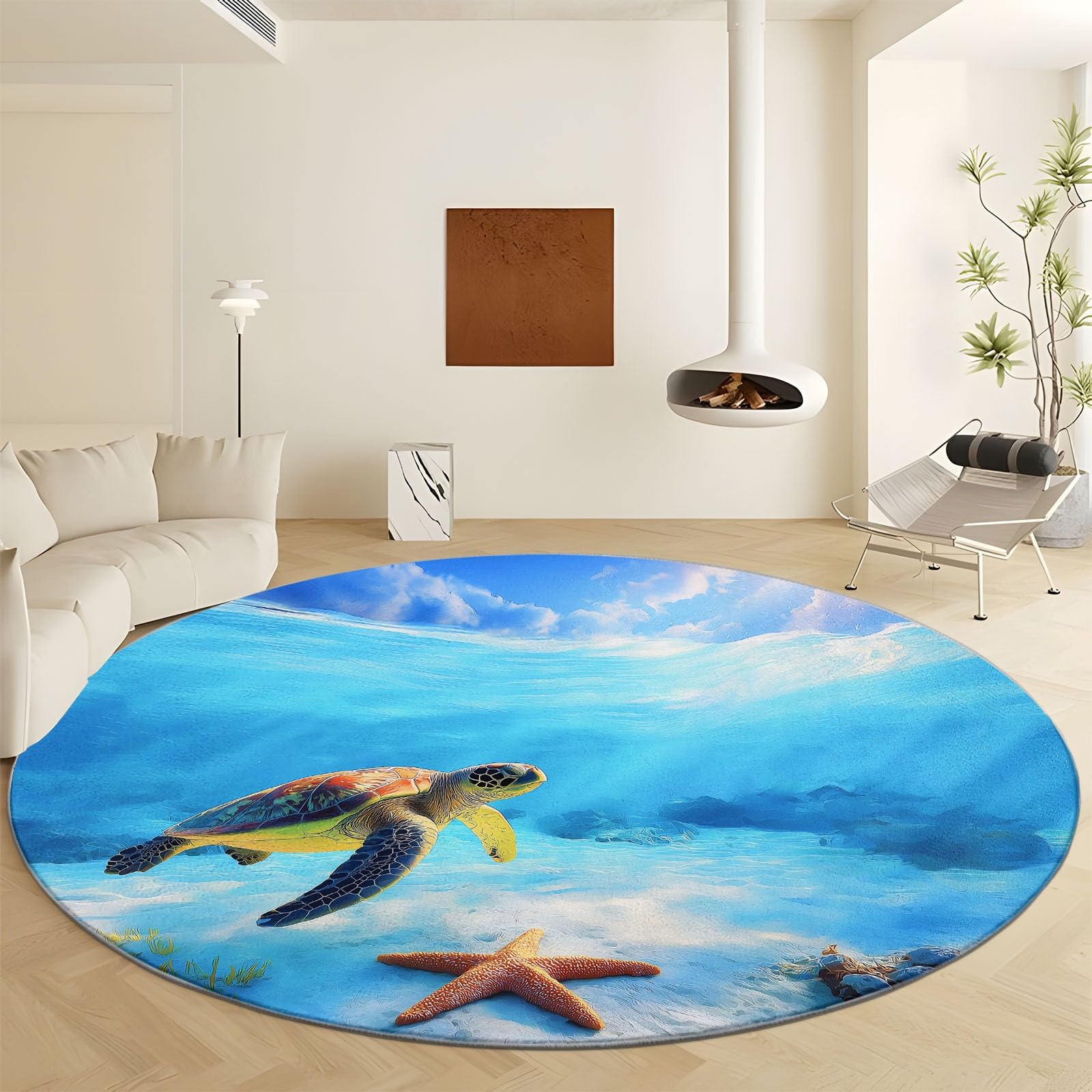 Tapis rond lavable bleu de 180 cm avec motif tortue marine imprimé