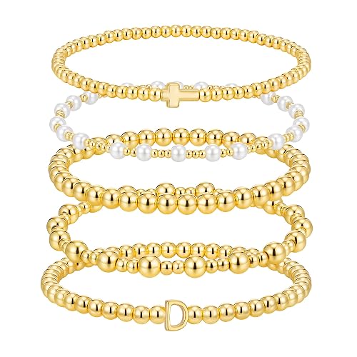 Diorra 5pcs Gold Bracelets for Women, 14K Gold Plated Cross Initial Bracelets Set Waterproof Dainty Beaded Gold Bracelet Stack for Women Jewelry