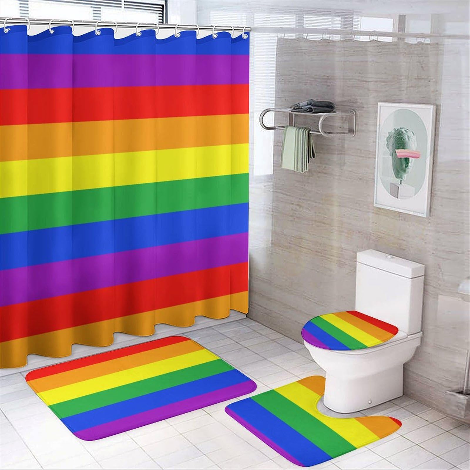 JZemdybill Bathroom Mat Set 4 Piece, Rainbow Flag Shower Curtain with Non-Slip Bath Mats for Bathroom