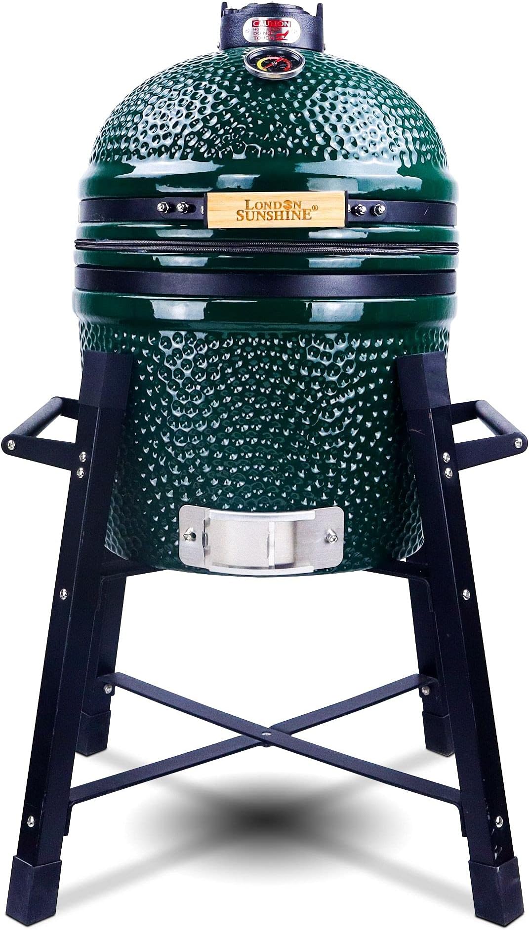 London Sunshine Ceramic Kamado Charcoal BBQ Grill and Smoker, Stainless Steel Grates -15" Ceramic with Tall Stand (GREEN)