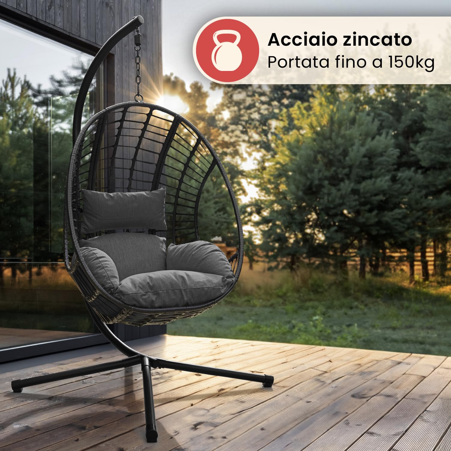 Swoods XXL poltrona sospesa - poltrona sospesa da giardino - Per uso interno ed esterno - con cuscino e copertura protettiva - resistente alle intemperie - portata fino a 150 kg (Grigio scuro)