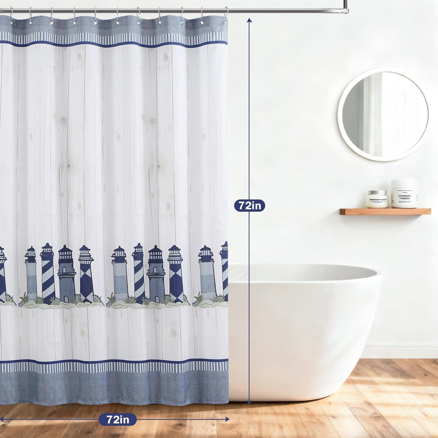 Coastal Lighthouse Shower Curtain, Nautical Bule and White Fabric Ocean Themed Bath Curtains for Bathroom,72" W x 72" H