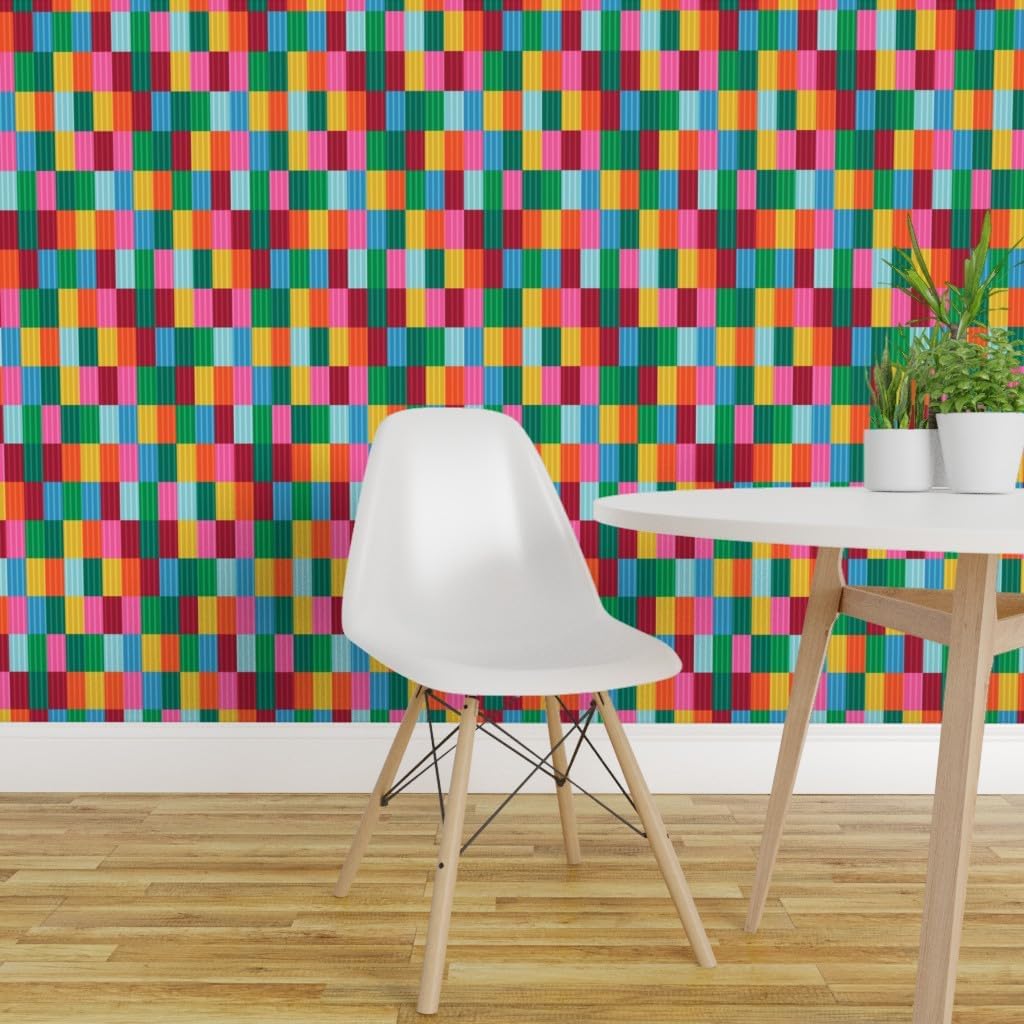 Removable Wallpaper Swatch - Bright Patchwork Modern Geometric Retro Abstract Colorful Green Pink Yellow Checkerboard Summer Custom Pre-Pasted Wallpaper by Spoonflower