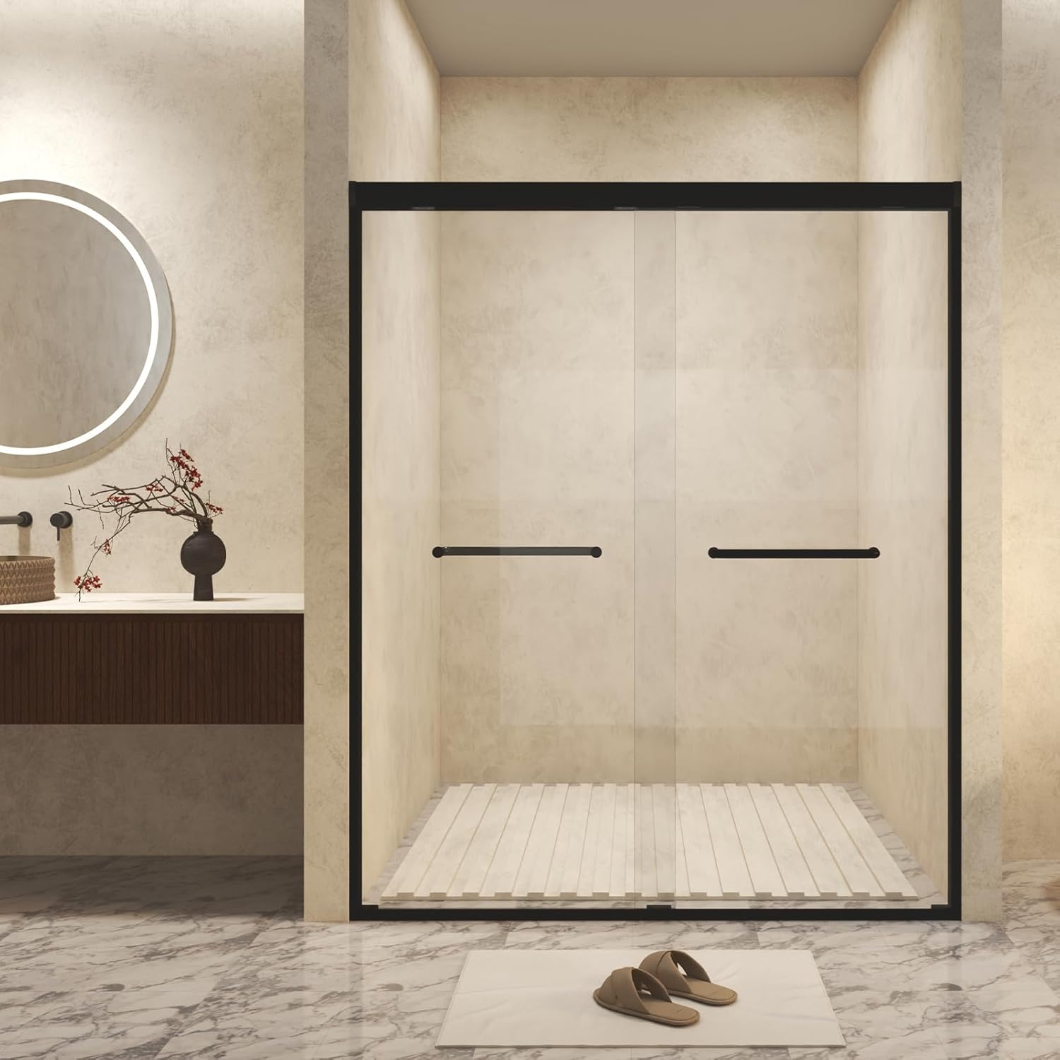 Bathroom Sliding Shower Door, Modern Durable Tempered Glass Double Sliding Shower Door with Aluminum Frame and Stainless Steel Handle, 44-48" W × 72" H, 1/4 (6 mm), Easy Assembly, Matte Black
