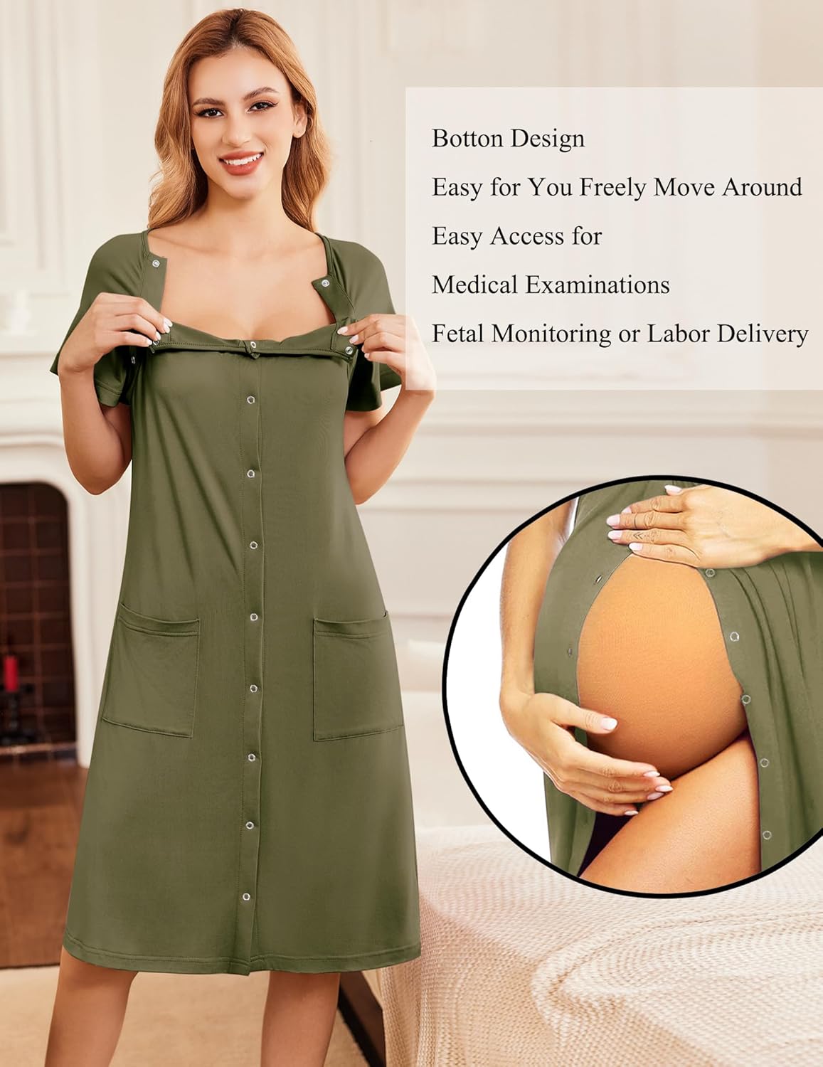 Ekouaer 3 in 1 Labor/Delivery/Hospital Gown Nursing Dress Maternity Nightgown Sleepwear for Breastfeeding with Button S-XXL - Image 3