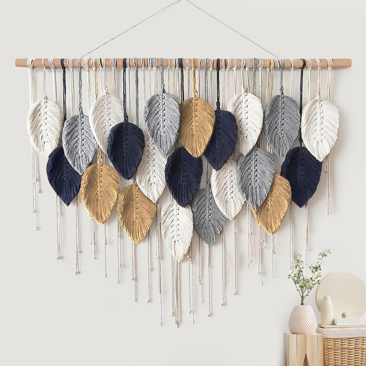 RXRENXIA Large Macrame Wall Hanging Boho Woven Tapestry Leaf Feather Chic Home Decor Modern Bohemian Handmade Leaves Wall Art Decorations for Apartment Dorm Living Room Bedroom Nursery Backdrop,Gray