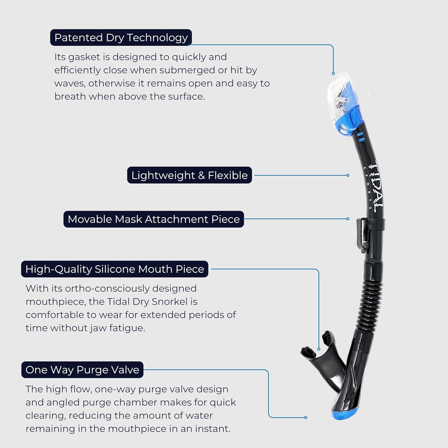 Pro Shot Tidal Dry Snorkel, Lightweight, Easy Breathing, for Snorkelling, Scuba Diving, and Swimming, Comfortable Mouthpiece with Dry Technology