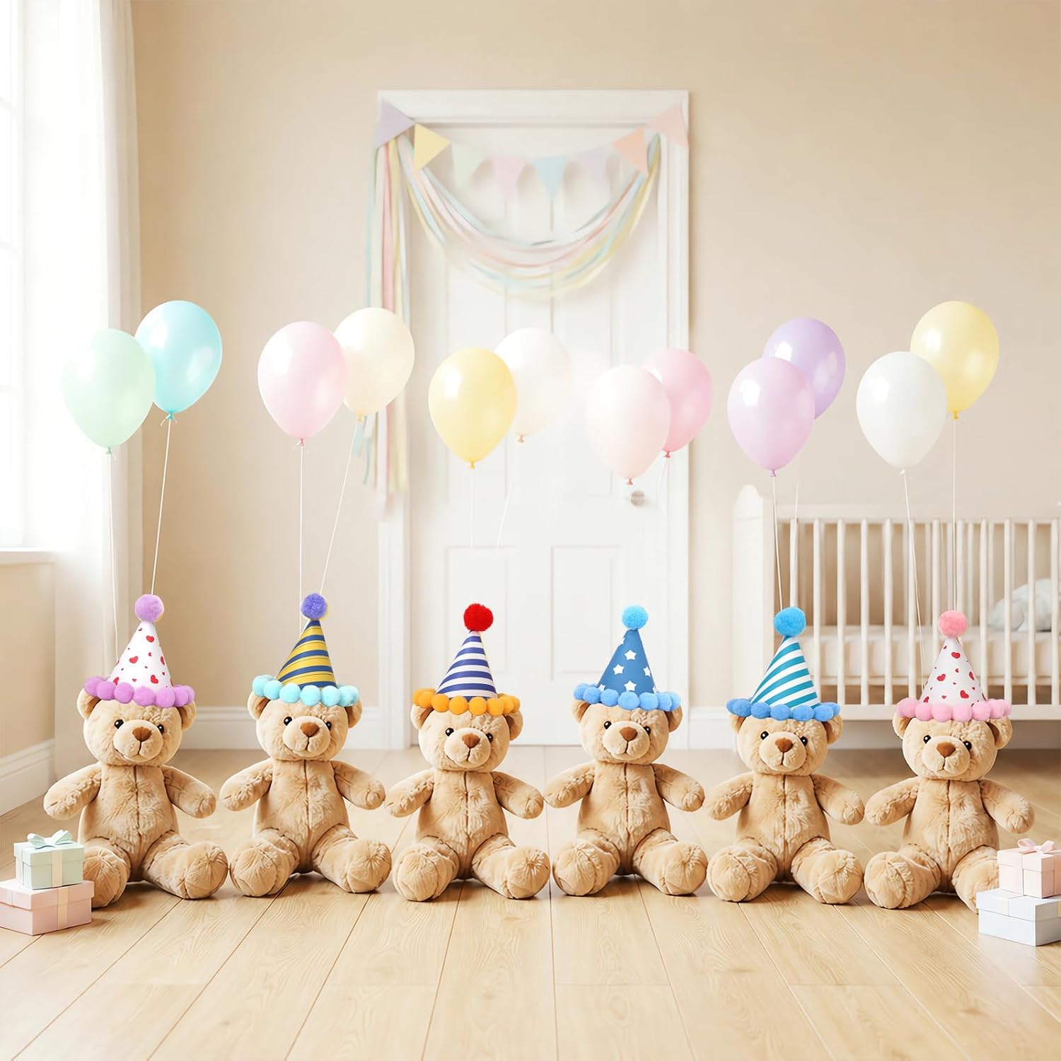 24PCS Colorful Mini Party Hats & Balloons Set for Stuffed Animals | 12 Pcs Pom Pom Hats with 12 Balloons for Dogs, Cats, Dolls & Pet Birthday Decorations