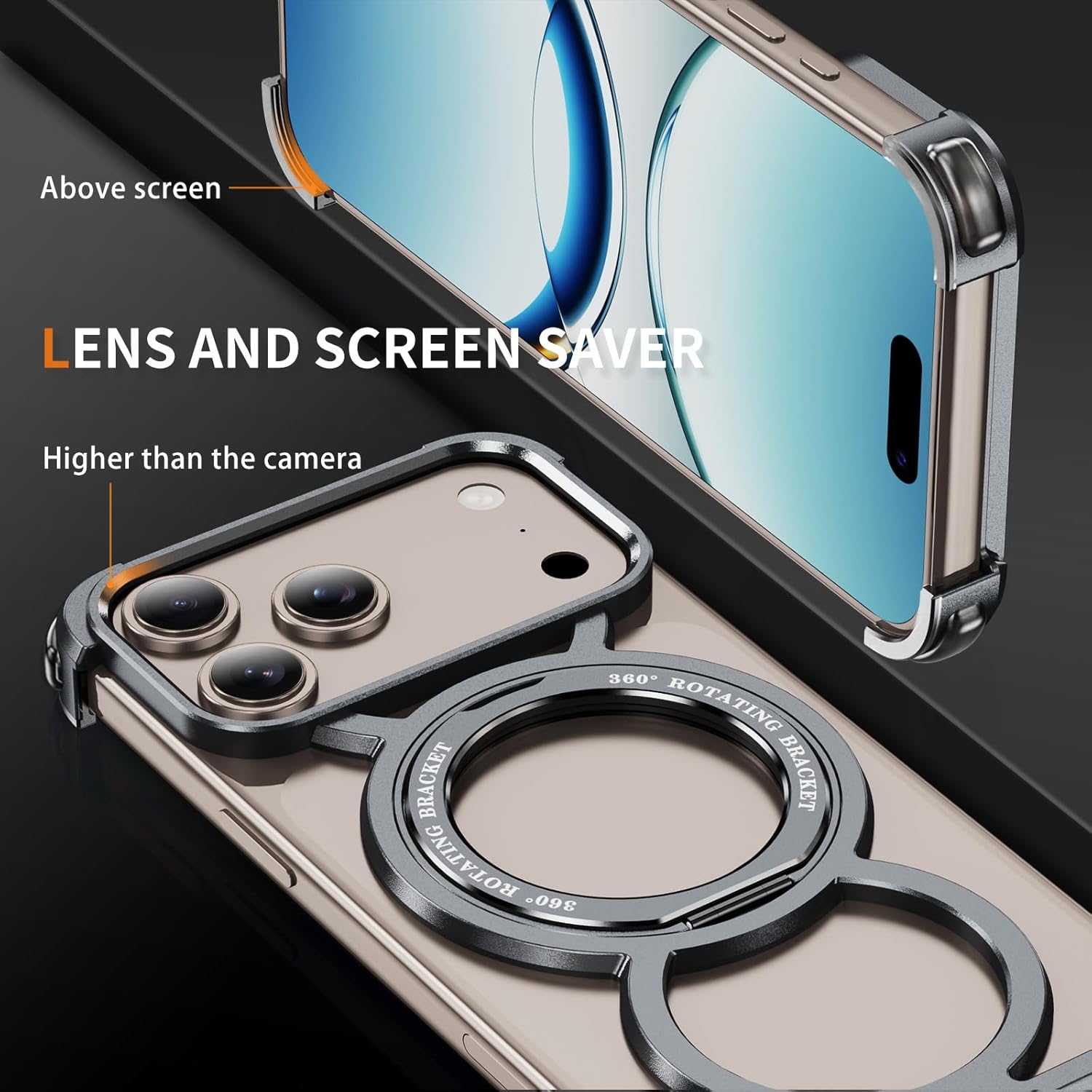 Skeleton Case for iPhone 17 Pro Max, Titanium Metal Frame with 360° Magnetic Ring Stand, Military-Grade Drop Protection, Shockproof Bumper, Compatible with MagSafe(Gray)