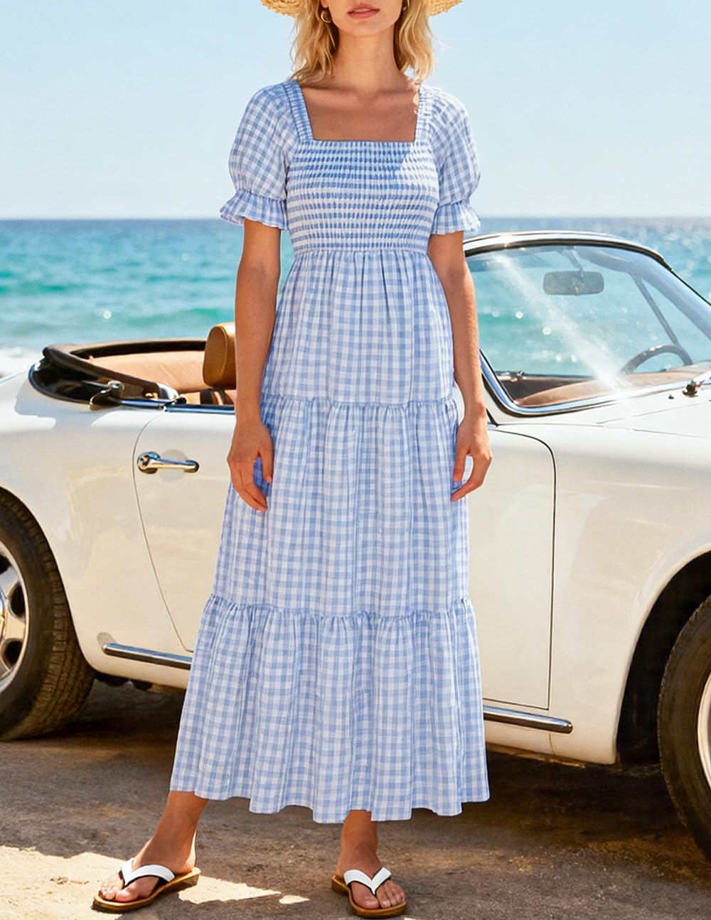 ZESICA - Abito Midi Estivo da Donna 2025, Stile Bohémien, a Quadretti, con Scollo Quadrato e Maniche a Sbuffo, con Volant