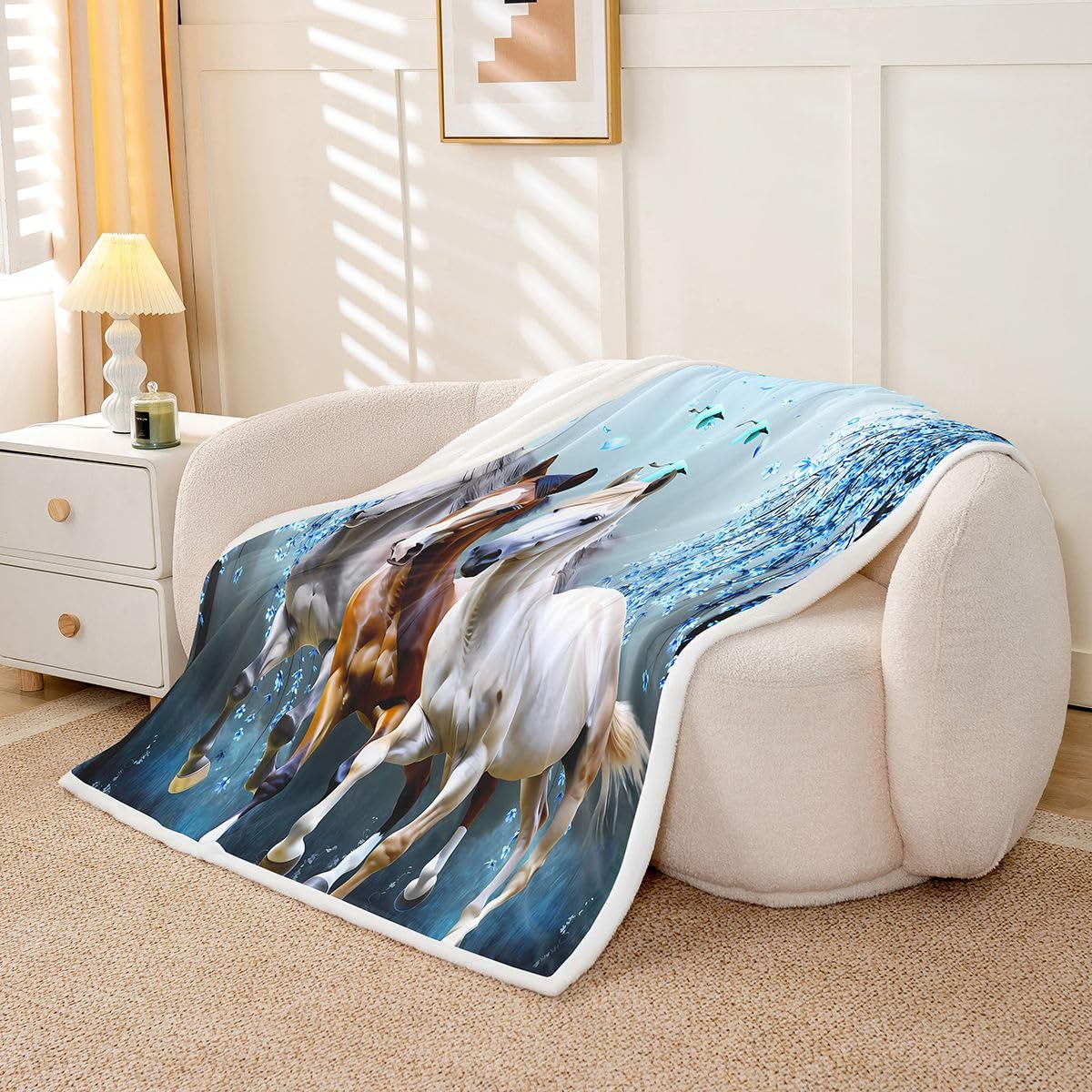 Manta Sherpa con diseño de caballo para niños, ramas de cerezo, corcel, cobija de forro polar azul de ensueño para niñas y adolescentes, manta mullida para sofá, cama, sofá, decoración de animales