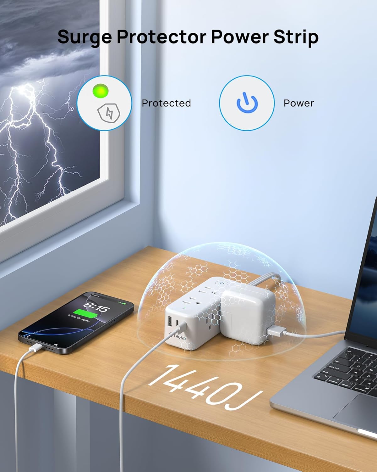 TROND Power Strip with 360 Rotating Plug, 10ft Flat Extension Cord with 2 USB C and 1 USB A, 6 Widely Spaced Outlets, 1440J Surge Protector, Surge Protector Power Strip for Home Travel Office, White