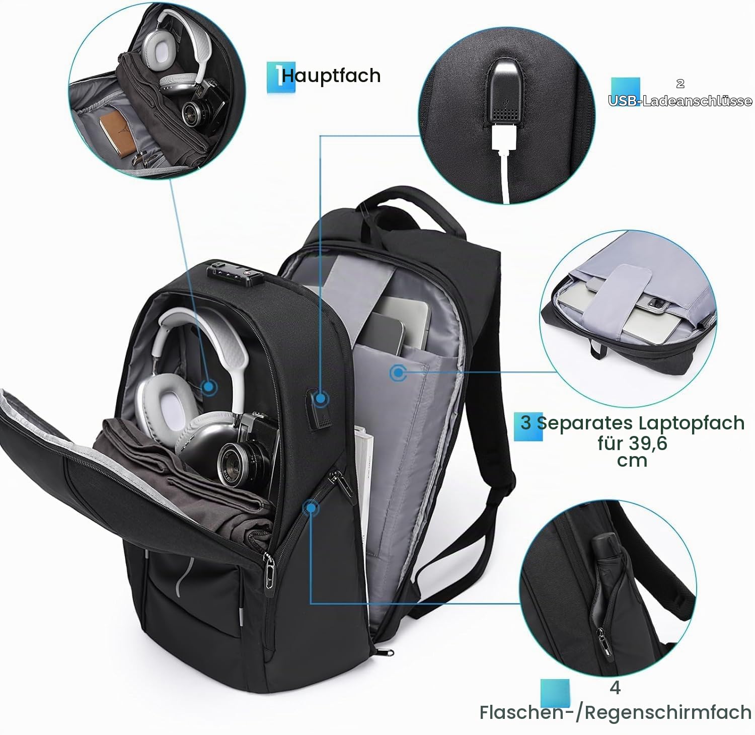 BANGE Anti-Diebstahl Laptop Rucksack, Schwarz | Anti-Diebstahl Schnalle, Reißverschluss Tasche, Für Männer und Frauen，15,6-Zoll-Laptop-Fach
