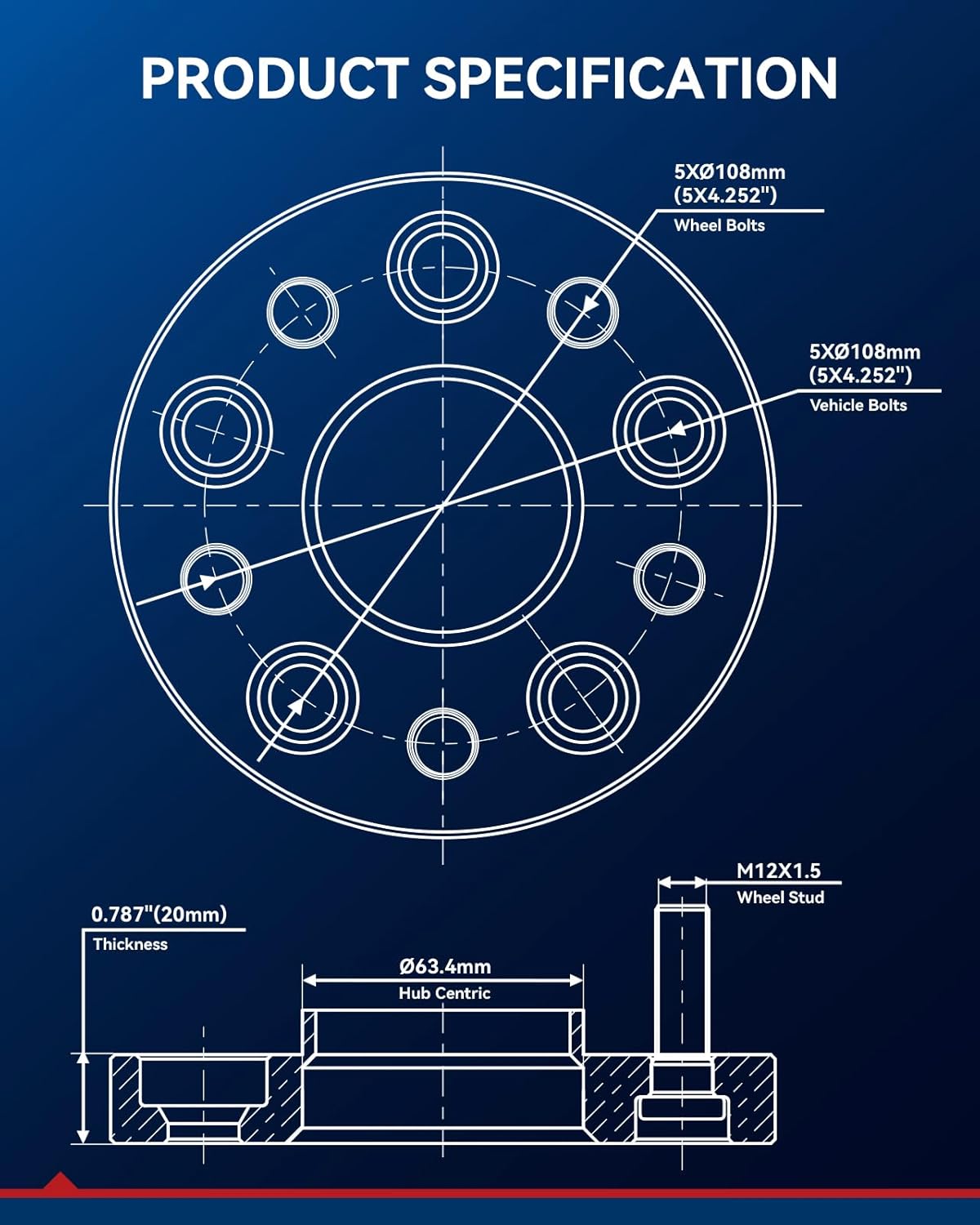 KAX 5x108 Wheel Spacers,20mm 5 Lug Hub Centric Wheel Spacers fit for Focus, Fusion, Escape, Taurus, Transit Connect, C-Max, Windstar, Thunderbird with M12x1.5 Studs 63.4mm Hub Bore,2Pcs