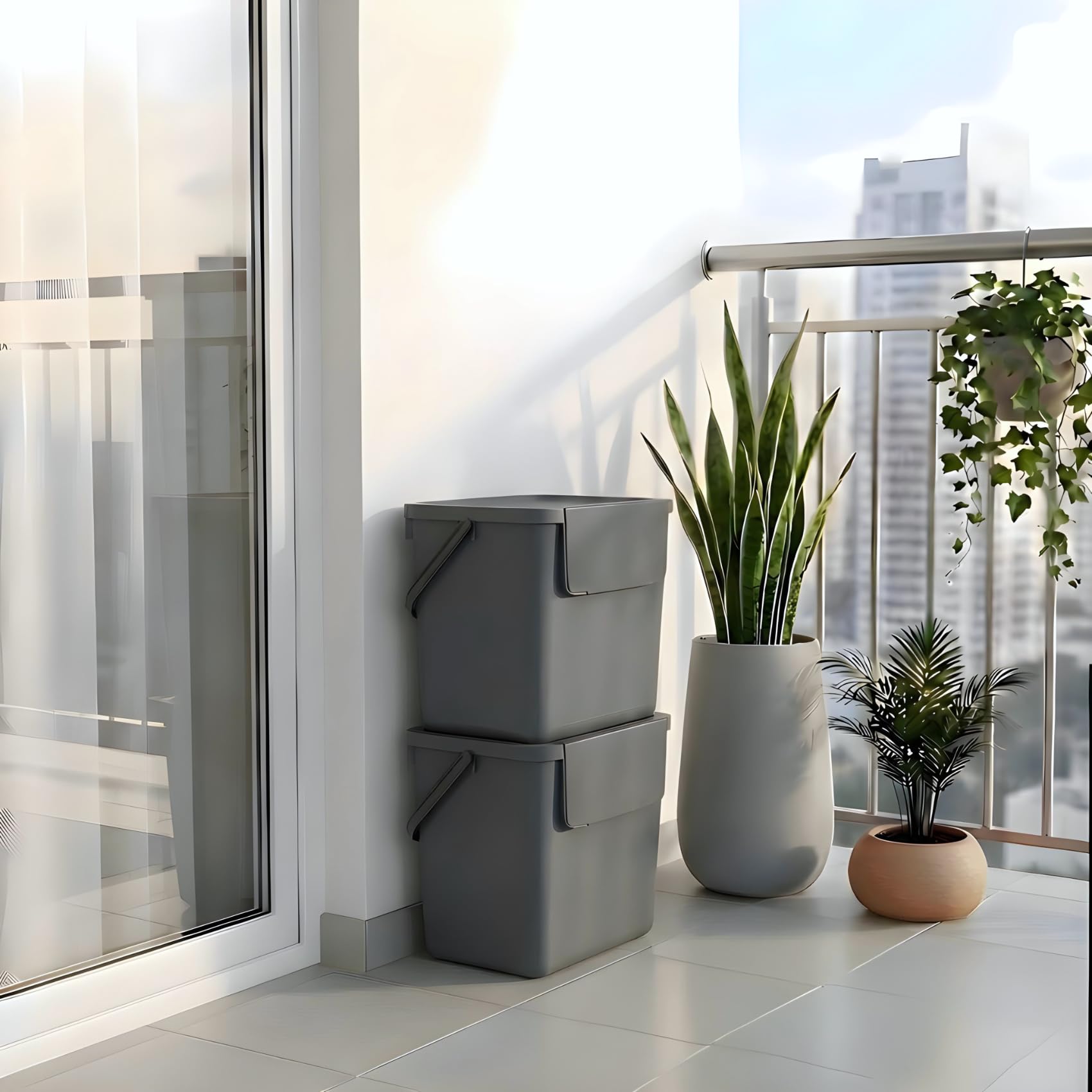 Set 2 pattumiere per differenziata, 2x30l antracite, recycling bin set, salvaspazio, 38x28x34(H) cm, contenitori raccolta differenziata interno
